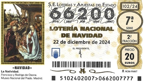 LOTERIA PARA EL SORTEO EXTRAORDINARIO DE NAVIDAD del 22 de diciembre de 2024, el número 66.200